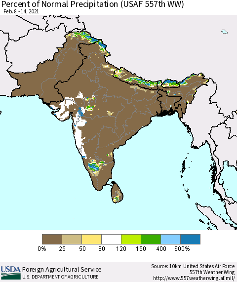 Southern Asia Percent of Normal Precipitation (USAF 557th WW) Thematic Map For 2/8/2021 - 2/14/2021