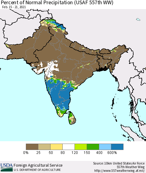 Southern Asia Percent of Normal Precipitation (USAF 557th WW) Thematic Map For 2/15/2021 - 2/21/2021