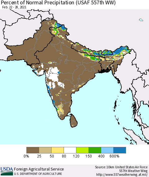 Southern Asia Percent of Normal Precipitation (USAF 557th WW) Thematic Map For 2/22/2021 - 2/28/2021