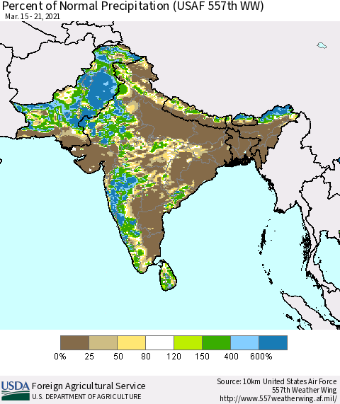 Southern Asia Percent of Normal Precipitation (USAF 557th WW) Thematic Map For 3/15/2021 - 3/21/2021