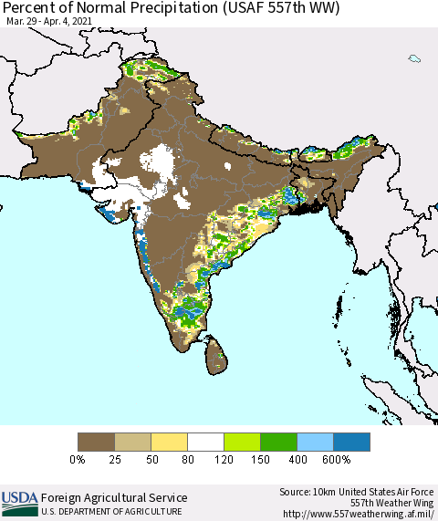 Southern Asia Percent of Normal Precipitation (USAF 557th WW) Thematic Map For 3/29/2021 - 4/4/2021