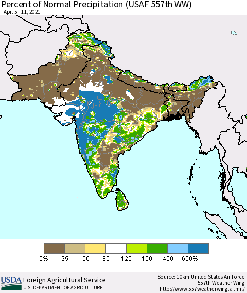Southern Asia Percent of Normal Precipitation (USAF 557th WW) Thematic Map For 4/5/2021 - 4/11/2021