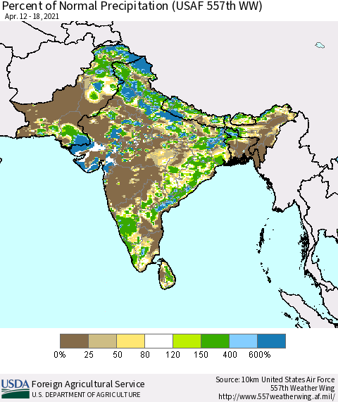 Southern Asia Percent of Normal Precipitation (USAF 557th WW) Thematic Map For 4/12/2021 - 4/18/2021
