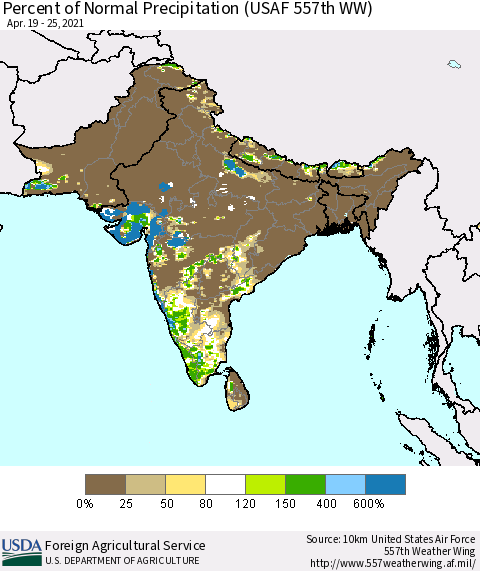 Southern Asia Percent of Normal Precipitation (USAF 557th WW) Thematic Map For 4/19/2021 - 4/25/2021