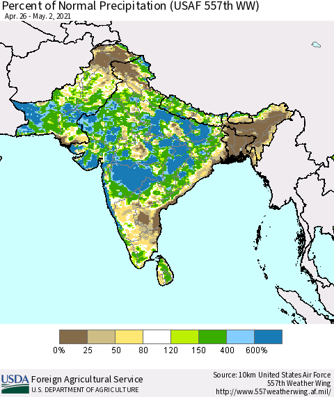 Southern Asia Percent of Normal Precipitation (USAF 557th WW) Thematic Map For 4/26/2021 - 5/2/2021