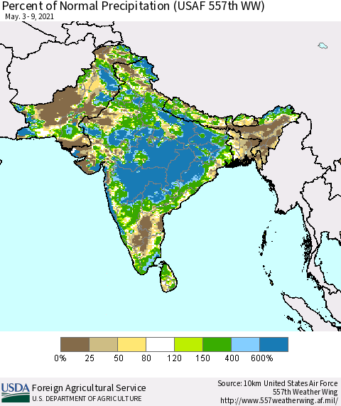 Southern Asia Percent of Normal Precipitation (USAF 557th WW) Thematic Map For 5/3/2021 - 5/9/2021