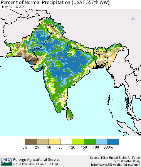 Southern Asia Percent of Normal Precipitation (USAF 557th WW) Thematic Map For 5/10/2021 - 5/16/2021