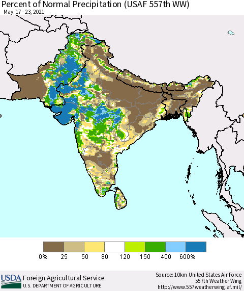 Southern Asia Percent of Normal Precipitation (USAF 557th WW) Thematic Map For 5/17/2021 - 5/23/2021