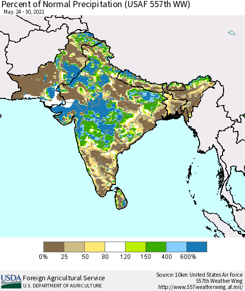 Southern Asia Percent of Normal Precipitation (USAF 557th WW) Thematic Map For 5/24/2021 - 5/30/2021