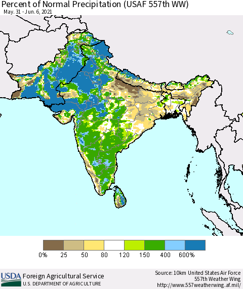 Southern Asia Percent of Normal Precipitation (USAF 557th WW) Thematic Map For 5/31/2021 - 6/6/2021