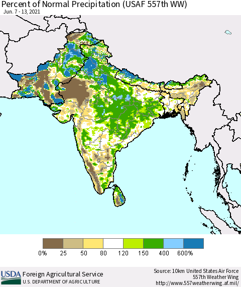 Southern Asia Percent of Normal Precipitation (USAF 557th WW) Thematic Map For 6/7/2021 - 6/13/2021