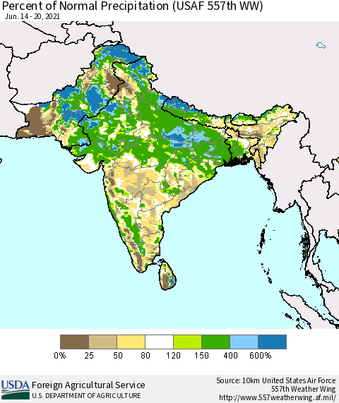 Southern Asia Percent of Normal Precipitation (USAF 557th WW) Thematic Map For 6/14/2021 - 6/20/2021