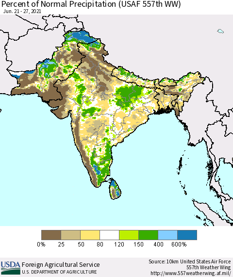 Southern Asia Percent of Normal Precipitation (USAF 557th WW) Thematic Map For 6/21/2021 - 6/27/2021