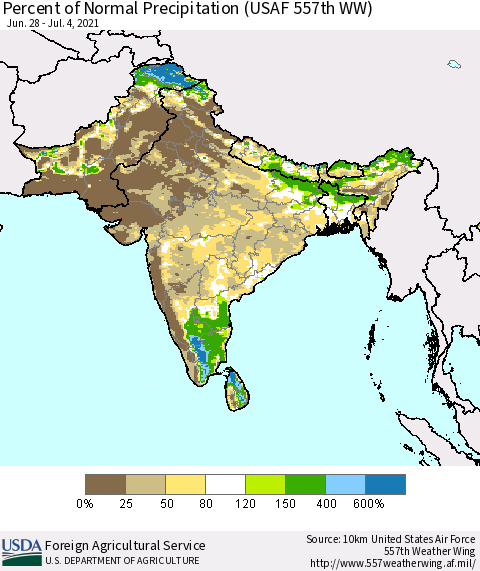 Southern Asia Percent of Normal Precipitation (USAF 557th WW) Thematic Map For 6/28/2021 - 7/4/2021