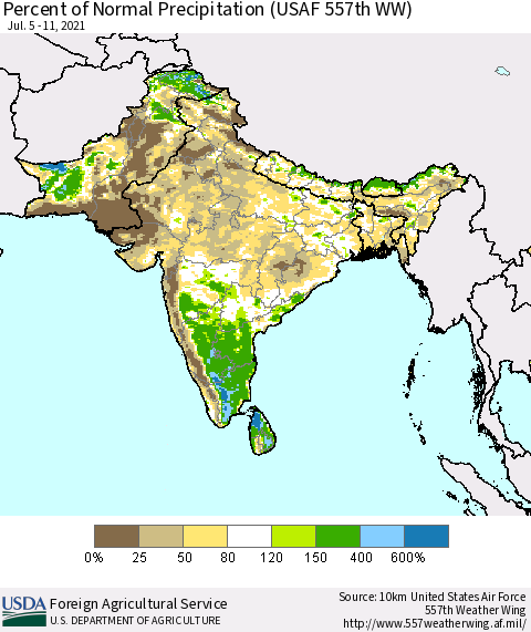 Southern Asia Percent of Normal Precipitation (USAF 557th WW) Thematic Map For 7/5/2021 - 7/11/2021