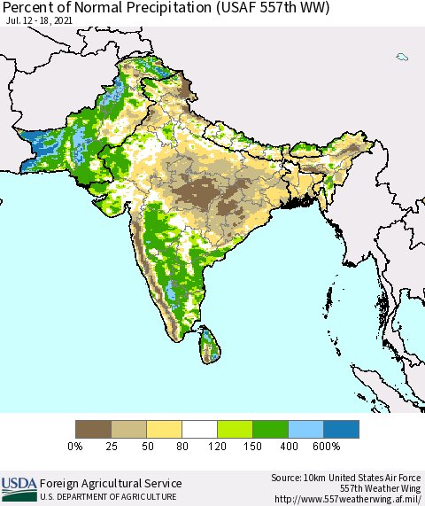Southern Asia Percent of Normal Precipitation (USAF 557th WW) Thematic Map For 7/12/2021 - 7/18/2021