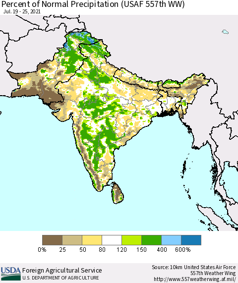 Southern Asia Percent of Normal Precipitation (USAF 557th WW) Thematic Map For 7/19/2021 - 7/25/2021