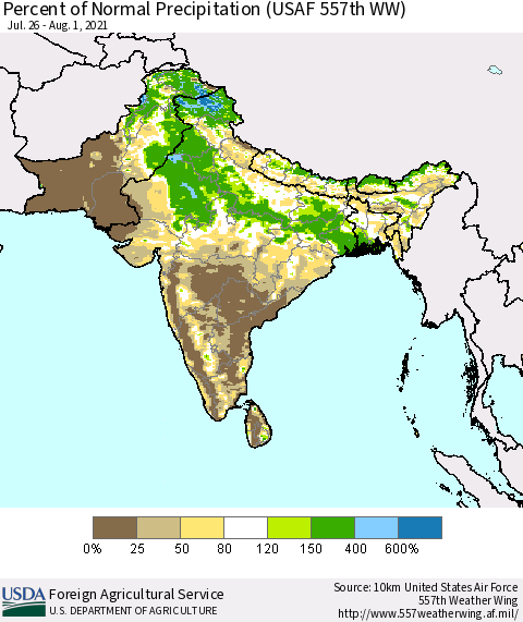 Southern Asia Percent of Normal Precipitation (USAF 557th WW) Thematic Map For 7/26/2021 - 8/1/2021