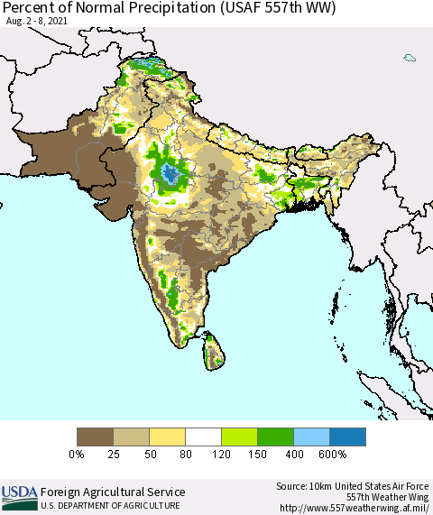 Southern Asia Percent of Normal Precipitation (USAF 557th WW) Thematic Map For 8/2/2021 - 8/8/2021