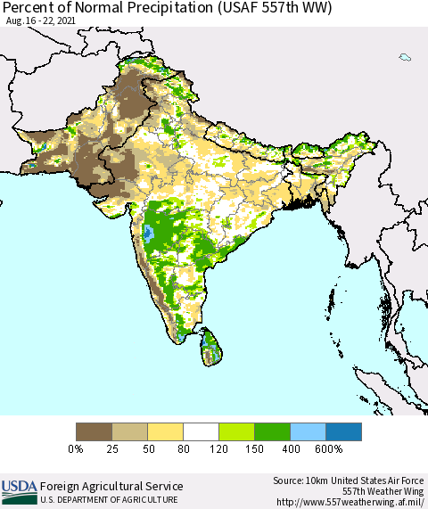 Southern Asia Percent of Normal Precipitation (USAF 557th WW) Thematic Map For 8/16/2021 - 8/22/2021