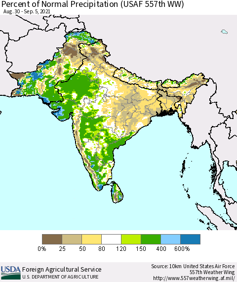 Southern Asia Percent of Normal Precipitation (USAF 557th WW) Thematic Map For 8/30/2021 - 9/5/2021