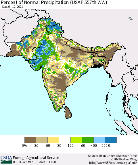 Southern Asia Percent of Normal Precipitation (USAF 557th WW) Thematic Map For 9/6/2021 - 9/12/2021