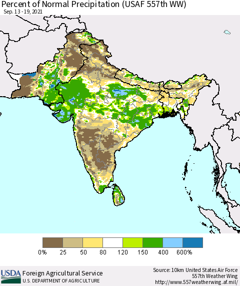 Southern Asia Percent of Normal Precipitation (USAF 557th WW) Thematic Map For 9/13/2021 - 9/19/2021