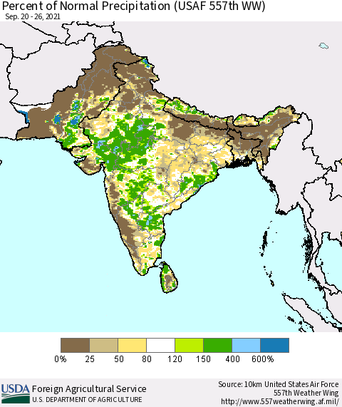 Southern Asia Percent of Normal Precipitation (USAF 557th WW) Thematic Map For 9/20/2021 - 9/26/2021