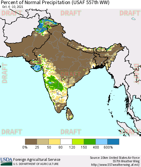 Southern Asia Percent of Normal Precipitation (USAF 557th WW) Thematic Map For 10/4/2021 - 10/10/2021