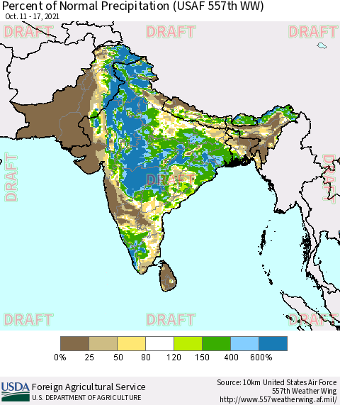 Southern Asia Percent of Normal Precipitation (USAF 557th WW) Thematic Map For 10/11/2021 - 10/17/2021