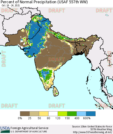 Southern Asia Percent of Normal Precipitation (USAF 557th WW) Thematic Map For 10/18/2021 - 10/24/2021