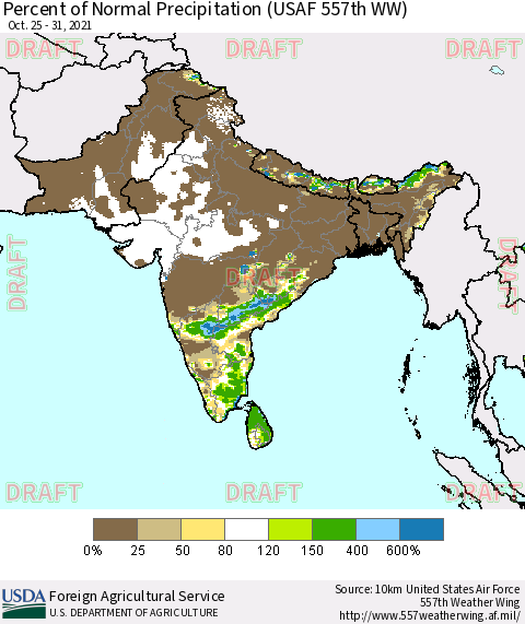 Southern Asia Percent of Normal Precipitation (USAF 557th WW) Thematic Map For 10/25/2021 - 10/31/2021