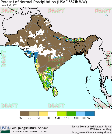 Southern Asia Percent of Normal Precipitation (USAF 557th WW) Thematic Map For 11/1/2021 - 11/7/2021