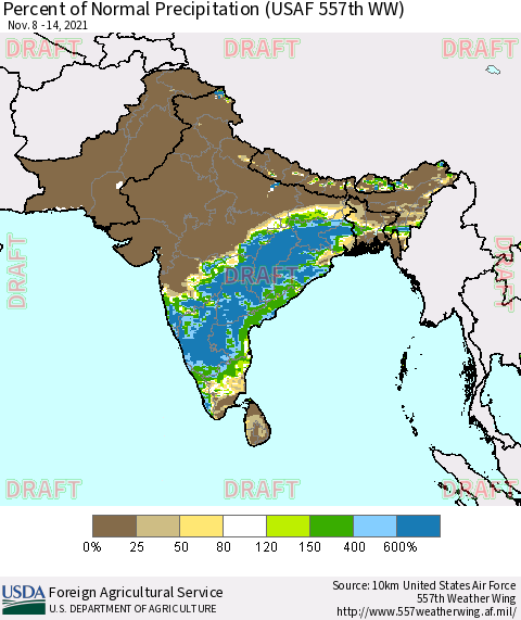 Southern Asia Percent of Normal Precipitation (USAF 557th WW) Thematic Map For 11/8/2021 - 11/14/2021