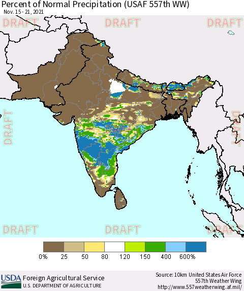 Southern Asia Percent of Normal Precipitation (USAF 557th WW) Thematic Map For 11/15/2021 - 11/21/2021