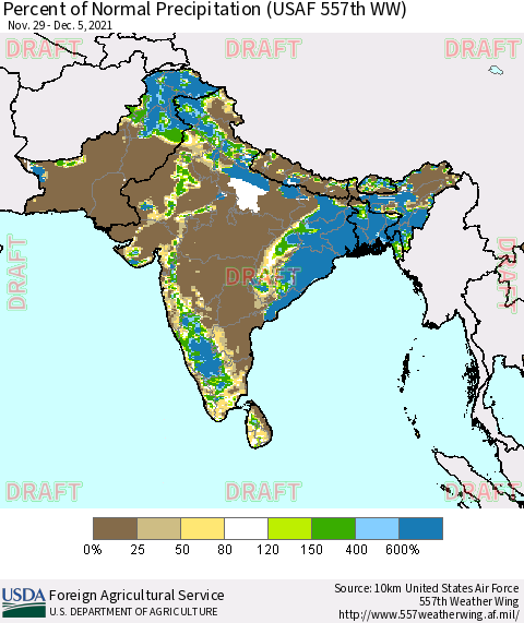 Southern Asia Percent of Normal Precipitation (USAF 557th WW) Thematic Map For 11/29/2021 - 12/5/2021