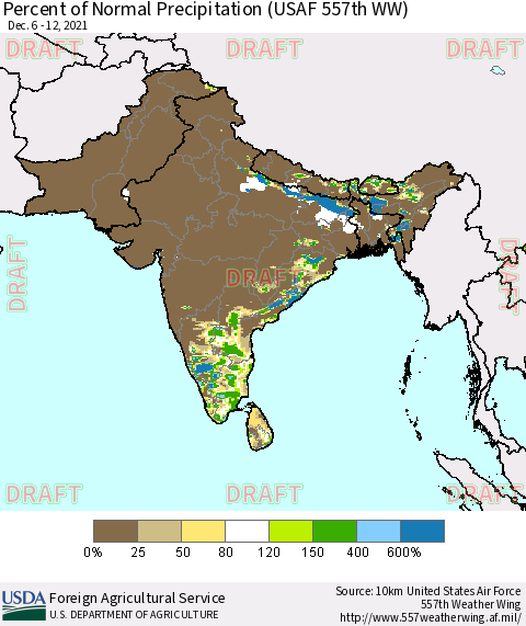 Southern Asia Percent of Normal Precipitation (USAF 557th WW) Thematic Map For 12/6/2021 - 12/12/2021
