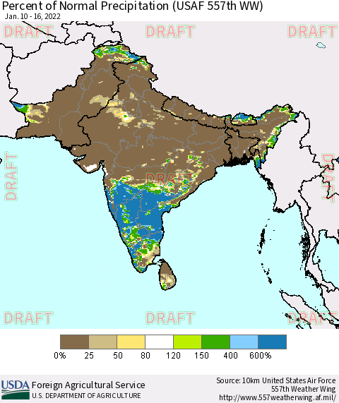 Southern Asia Percent of Normal Precipitation (USAF 557th WW) Thematic Map For 1/10/2022 - 1/16/2022