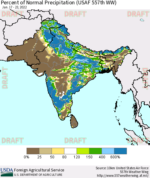 Southern Asia Percent of Normal Precipitation (USAF 557th WW) Thematic Map For 1/17/2022 - 1/23/2022