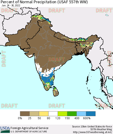 Southern Asia Percent of Normal Precipitation (USAF 557th WW) Thematic Map For 1/24/2022 - 1/30/2022