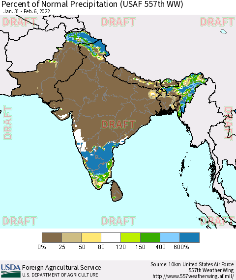 Southern Asia Percent of Normal Precipitation (USAF 557th WW) Thematic Map For 1/31/2022 - 2/6/2022