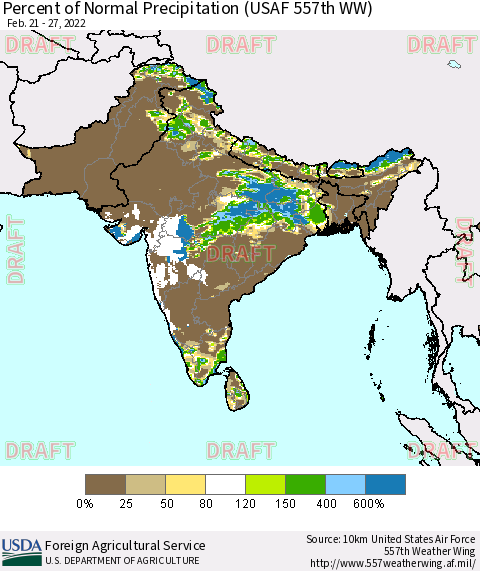 Southern Asia Percent of Normal Precipitation (USAF 557th WW) Thematic Map For 2/21/2022 - 2/27/2022