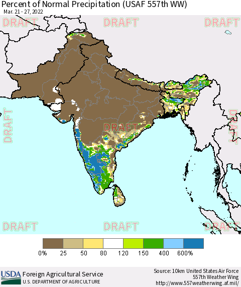 Southern Asia Percent of Normal Precipitation (USAF 557th WW) Thematic Map For 3/21/2022 - 3/27/2022