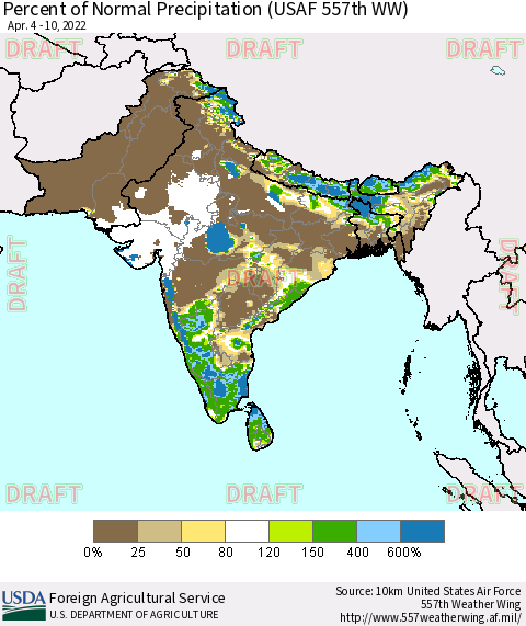 Southern Asia Percent of Normal Precipitation (USAF 557th WW) Thematic Map For 4/4/2022 - 4/10/2022