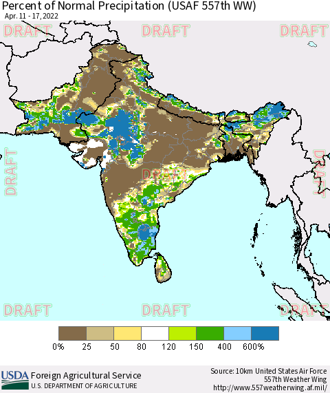 Southern Asia Percent of Normal Precipitation (USAF 557th WW) Thematic Map For 4/11/2022 - 4/17/2022