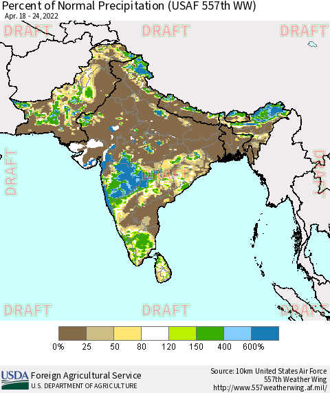 Southern Asia Percent of Normal Precipitation (USAF 557th WW) Thematic Map For 4/18/2022 - 4/24/2022