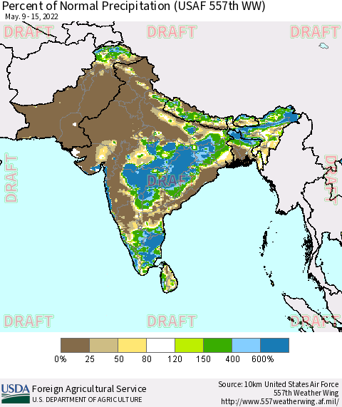 Southern Asia Percent of Normal Precipitation (USAF 557th WW) Thematic Map For 5/9/2022 - 5/15/2022