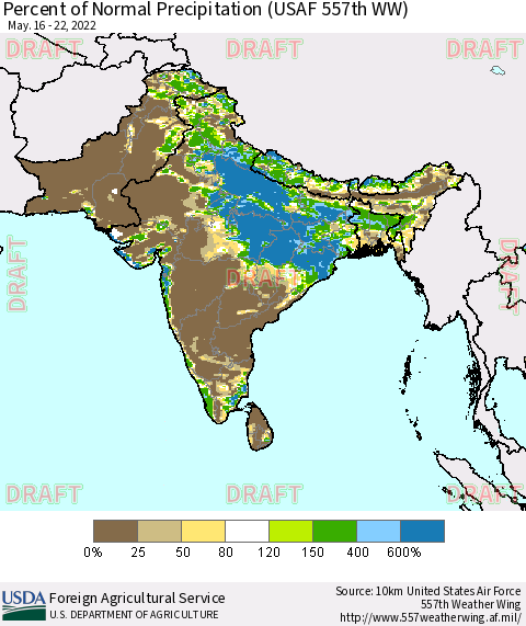 Southern Asia Percent of Normal Precipitation (USAF 557th WW) Thematic Map For 5/16/2022 - 5/22/2022