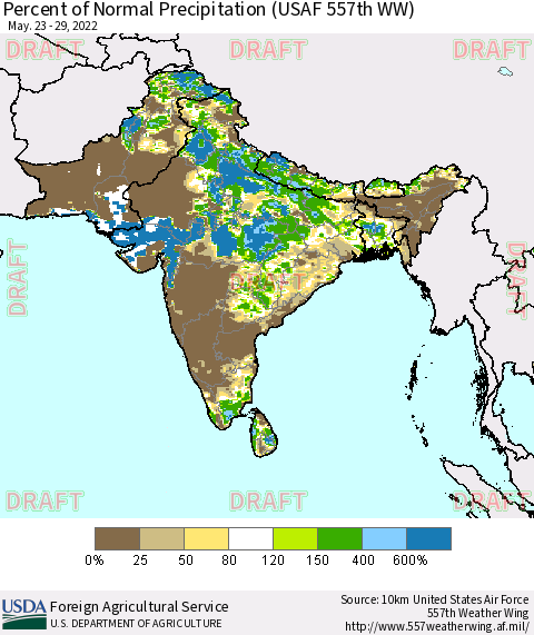 Southern Asia Percent of Normal Precipitation (USAF 557th WW) Thematic Map For 5/23/2022 - 5/29/2022