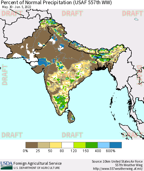 Southern Asia Percent of Normal Precipitation (USAF 557th WW) Thematic Map For 5/30/2022 - 6/5/2022
